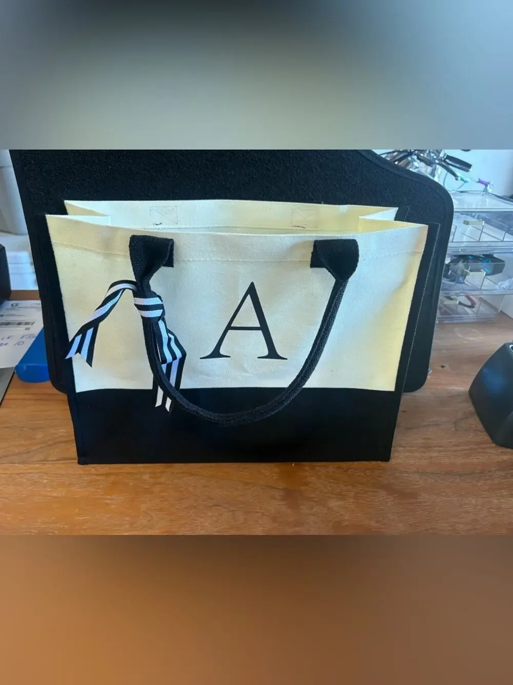 Monogram “A” Canvas Tote Bag Black Cream Reusable Shopper NWOT